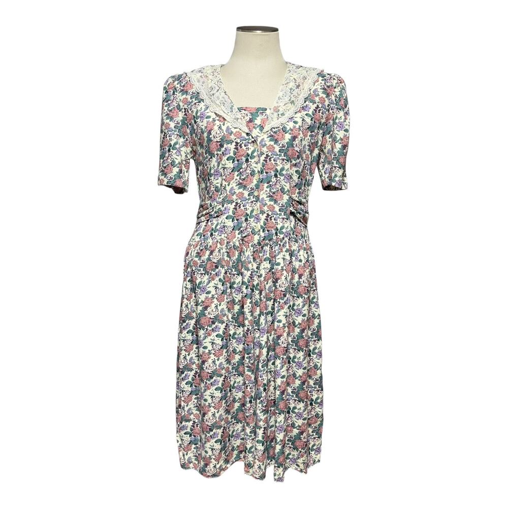 Jodi Michaels Vintage 80s Floral Lace Midi Dress Cream Pink Purple 11